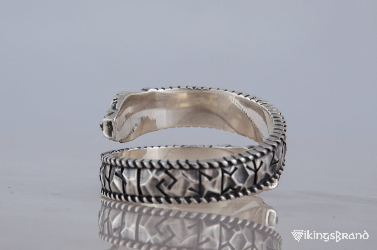 Ouroboros Viking Ring with Runes Ornament Sterling Silver Norse Jewelry