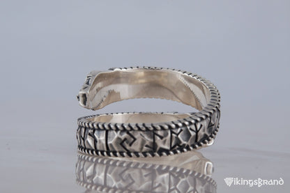 Ouroboros Viking Ring with Runes Ornament Sterling Silver Norse Jewelry