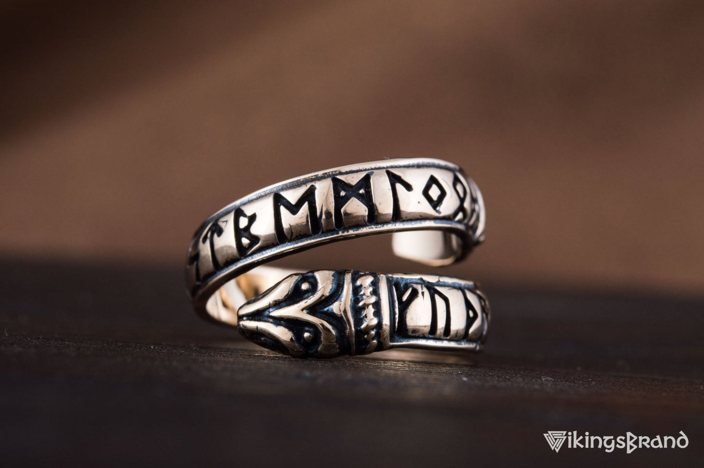 Ouroboros Vikings Ring with Elder Futhark Runes Bronze Handmade Viking Jewelry