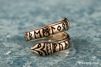 Ouroboros Vikings Ring with Elder Futhark Runes Bronze Handmade Viking Jewelry