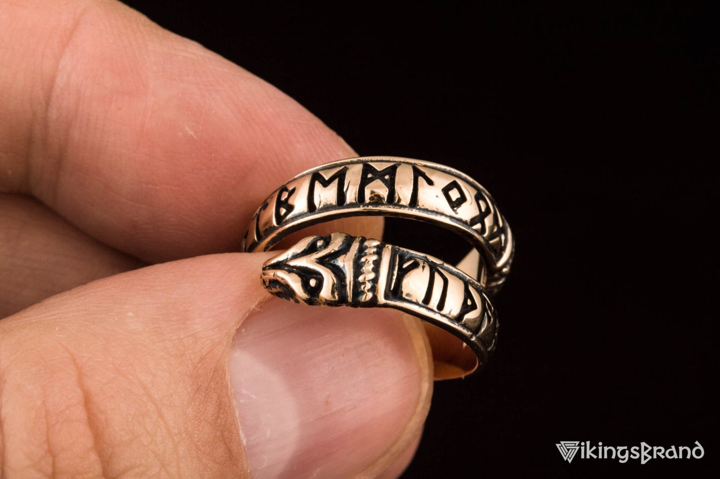 Ouroboros Vikings Ring with Elder Futhark Runes Bronze Handmade Viking Jewelry