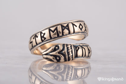 Ouroboros Vikings Ring with Elder Futhark Runes Bronze Handmade Viking Jewelry