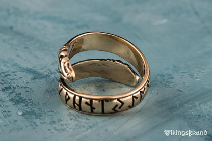Ouroboros Vikings Ring with Elder Futhark Runes Bronze Handmade Viking Jewelry