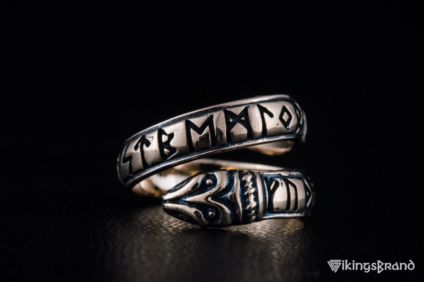Ouroboros Vikings Ring with Elder Futhark Runes Bronze Handmade Viking Jewelry