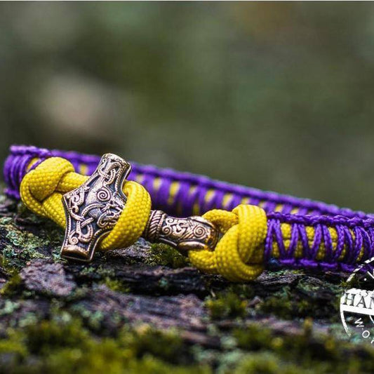 Paracord Bracelet with Bronze Mjolnir (Purple+Yellow) - VikingsBrand