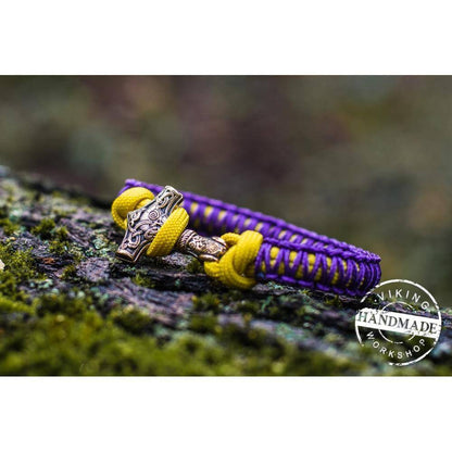 Paracord Bracelet with Bronze Mjolnir (Purple+Yellow) - VikingsBrand