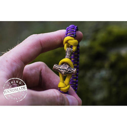 Paracord Bracelet with Bronze Mjolnir (Purple+Yellow) - VikingsBrand