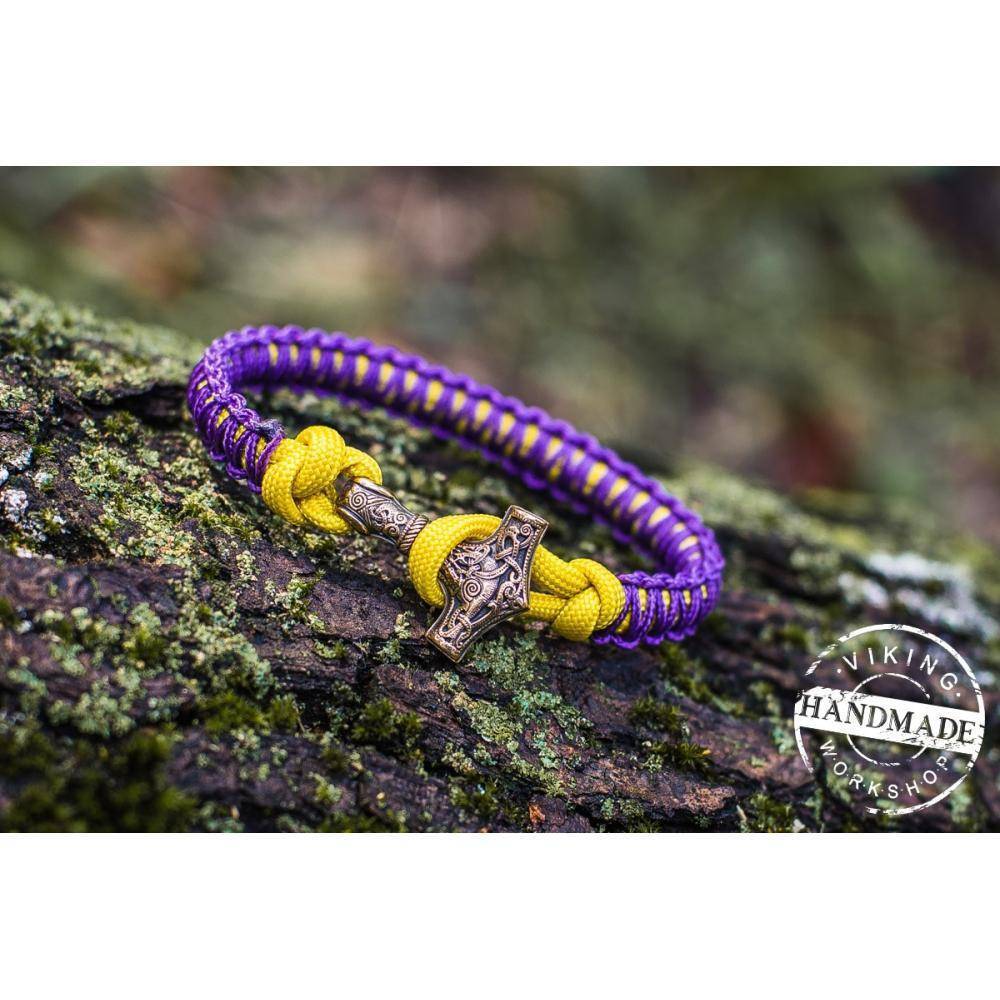 Paracord Bracelet with Bronze Mjolnir (Purple+Yellow) - VikingsBrand
