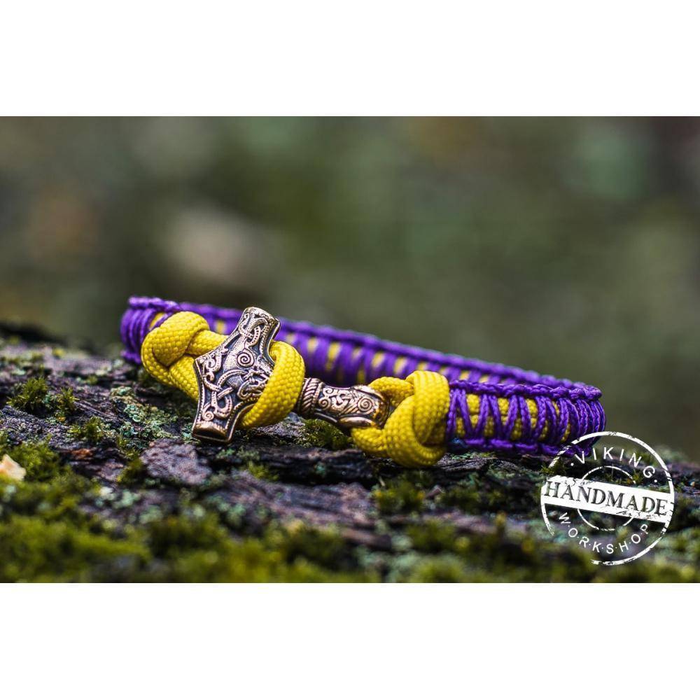 Paracord Bracelet with Bronze Mjolnir (Purple+Yellow) - VikingsBrand