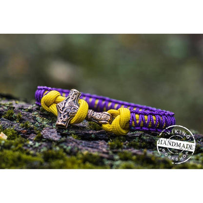 Paracord Bracelet with Bronze Mjolnir (Purple+Yellow) - VikingsBrand
