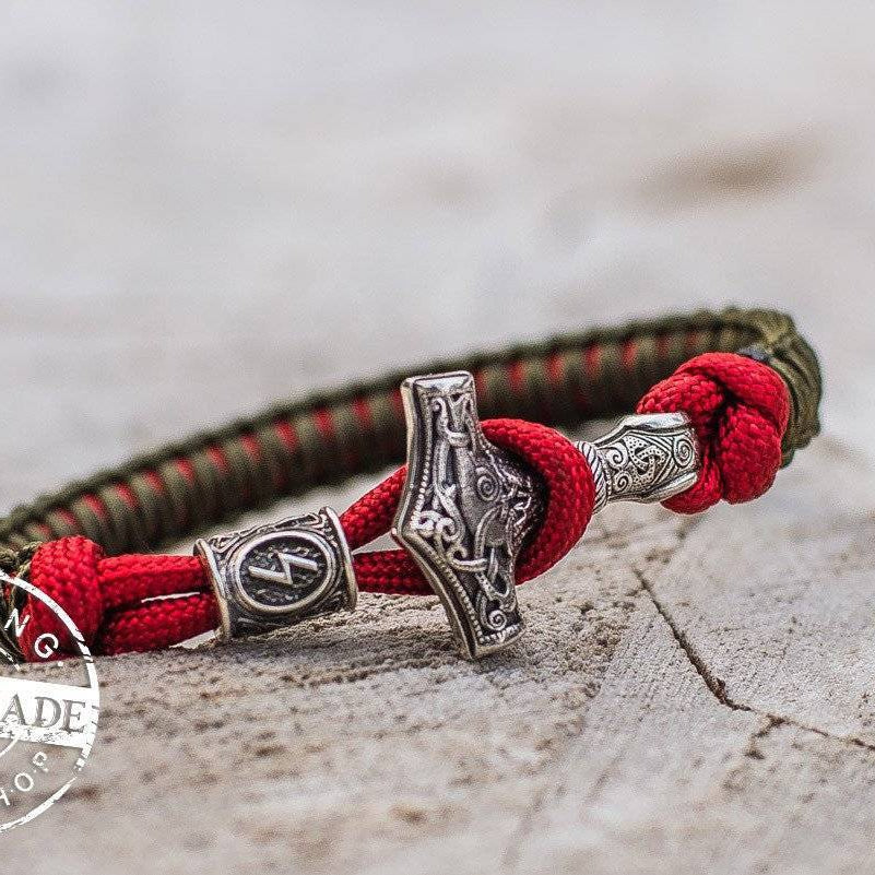 Paracord Bracelet with Silver Plated Mjolnir and Elder Futhark Rune - VikingsBrand