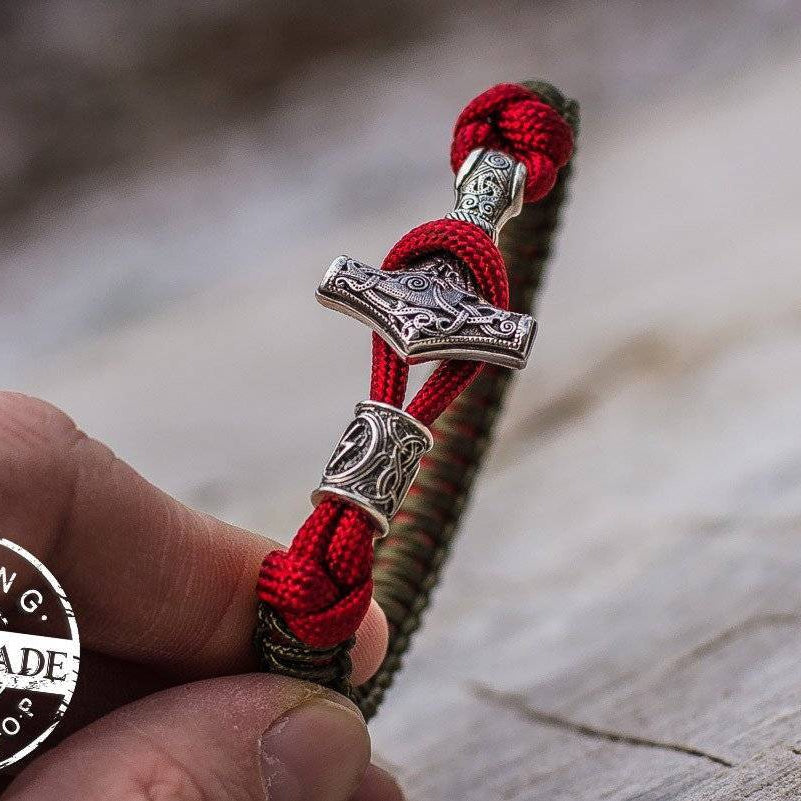 Paracord Bracelet with Silver Plated Mjolnir and Elder Futhark Rune - VikingsBrand