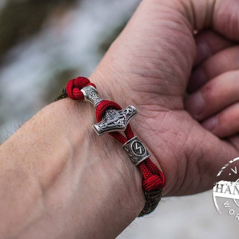 Paracord Bracelet with Silver Plated Mjolnir and Elder Futhark Rune - VikingsBrand