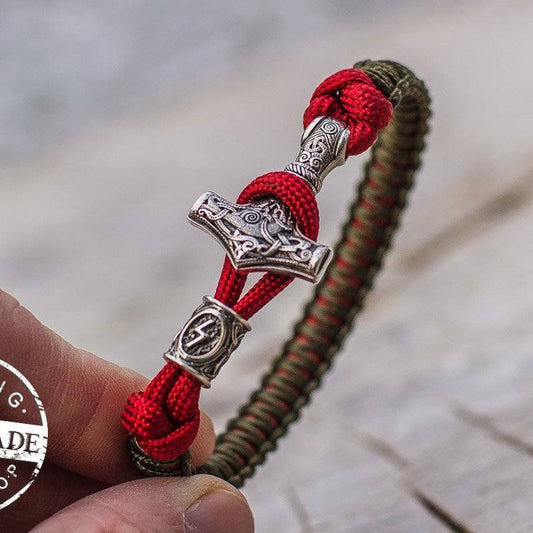 Paracord Bracelet with Silver Plated Mjolnir and Elder Futhark Rune - VikingsBrand