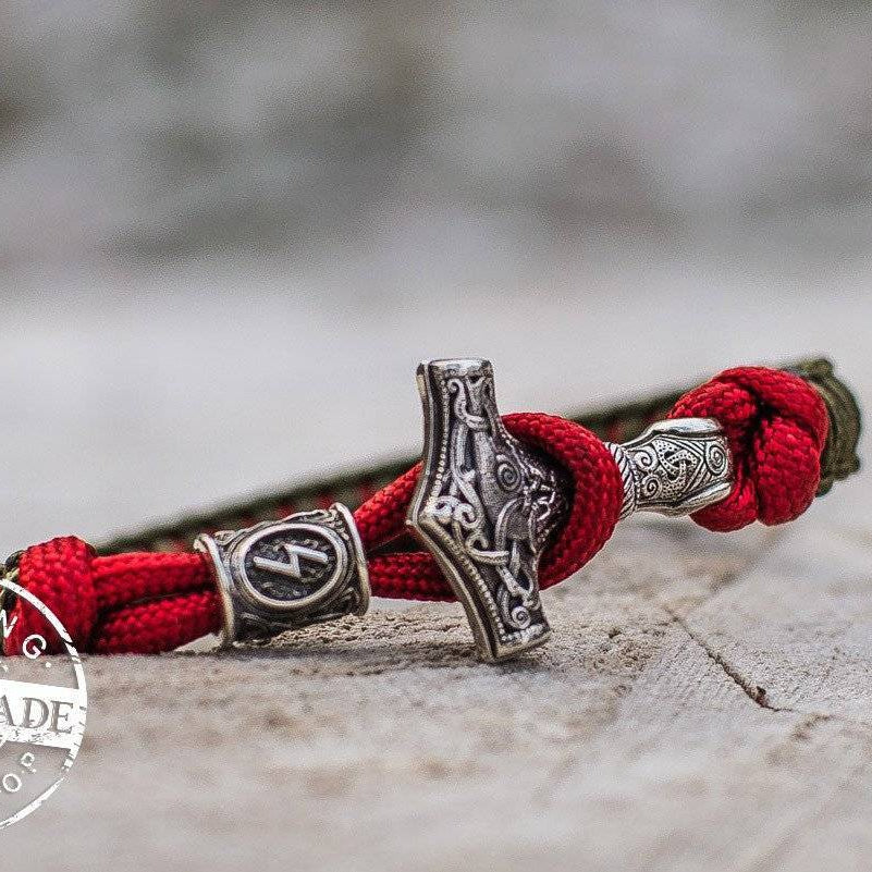 Paracord Bracelet with Silver Plated Mjolnir and Elder Futhark Rune - VikingsBrand