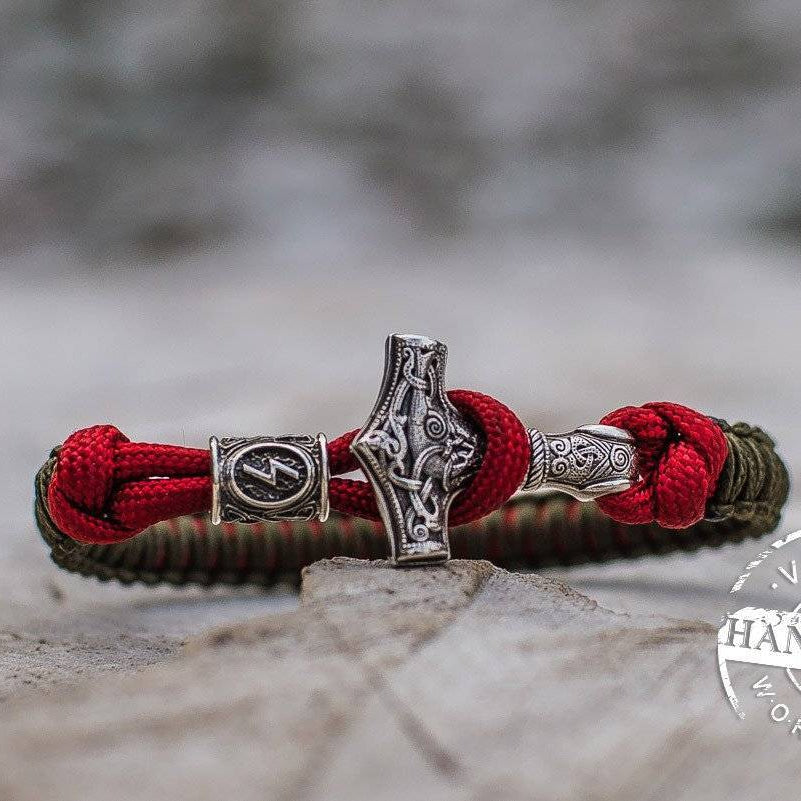 Paracord Bracelet with Silver Plated Mjolnir and Elder Futhark Rune - VikingsBrand
