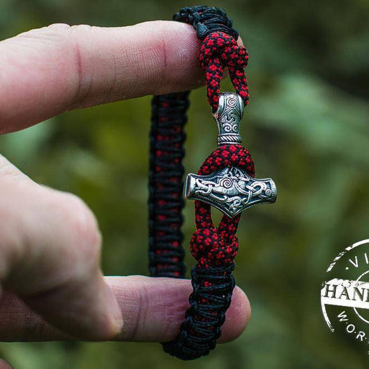 Paracord Bracelet with Silver Plated Mjolnir (Black+Red dotted) - VikingsBrand
