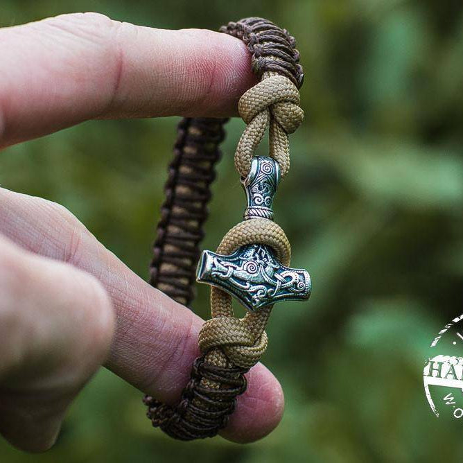 Paracord Bracelet with Silver Plated Mjolnir (Coffee+Black) - VikingsBrand