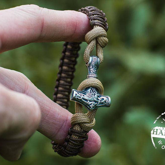 Paracord Bracelet with Silver Plated Mjolnir (Coffee+Black) - VikingsBrand