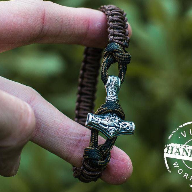 Paracord Bracelet with Silver Plated Mjolnir (Coffee+Military) - VikingsBrand