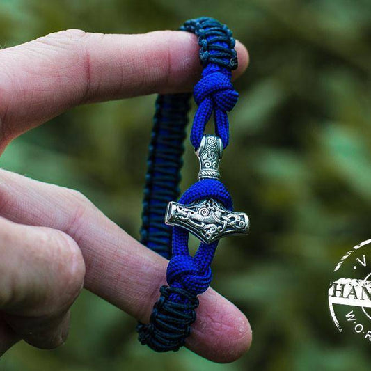 Paracord Bracelet with Silver Plated Mjolnir (Deep Blue+Blue) - VikingsBrand