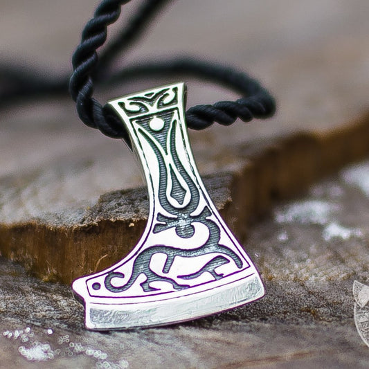 Perun's Axe with Deer Ornament 925 Sterling Silver Pendant - VikingsBrand