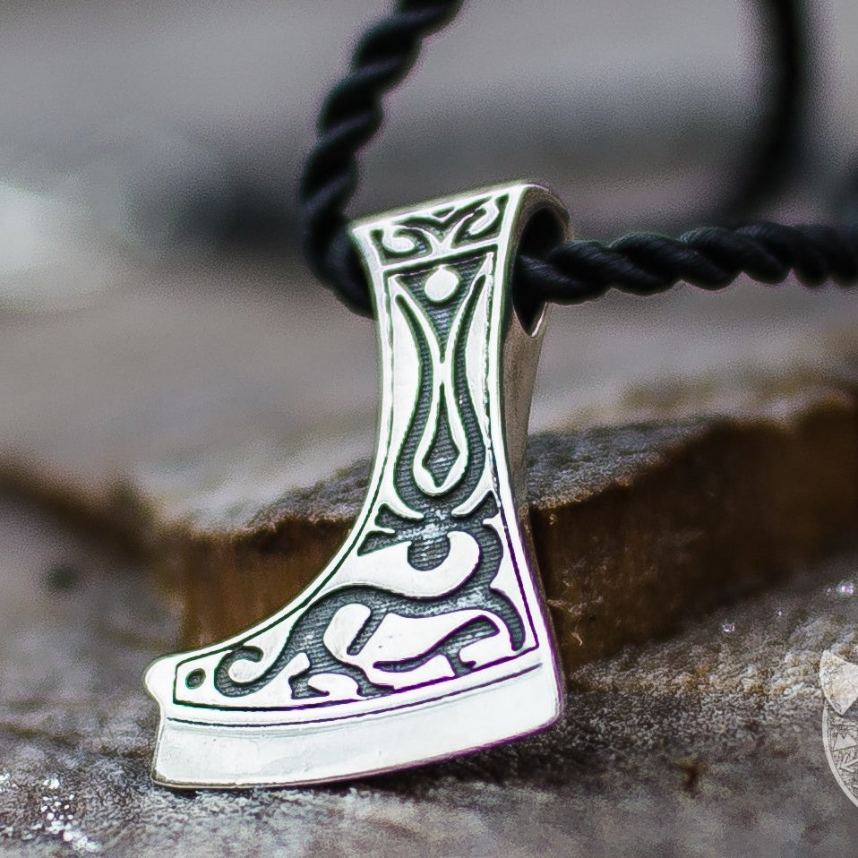 Perun's Axe with Deer Ornament 925 Sterling Silver Pendant - VikingsBrand