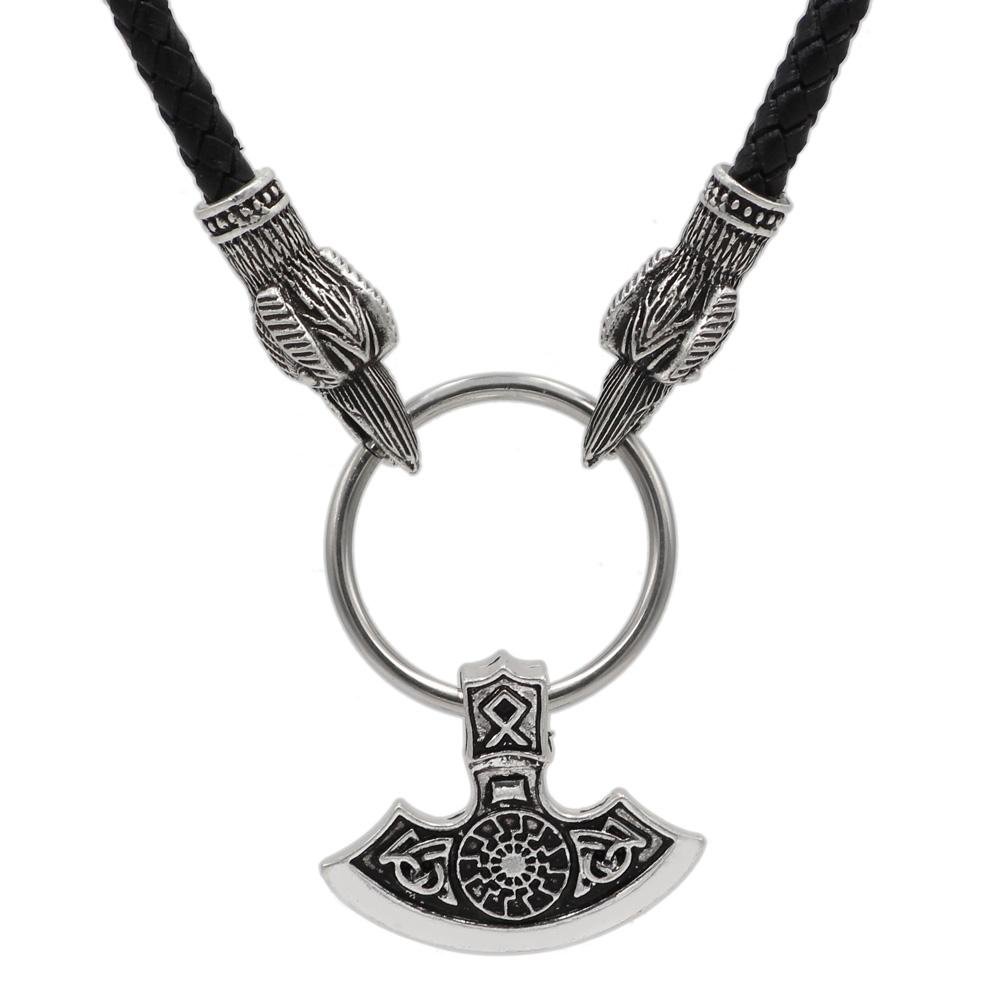 Raven Head Genuine Leather Necklace with Axe Pendant - VikingsBrand