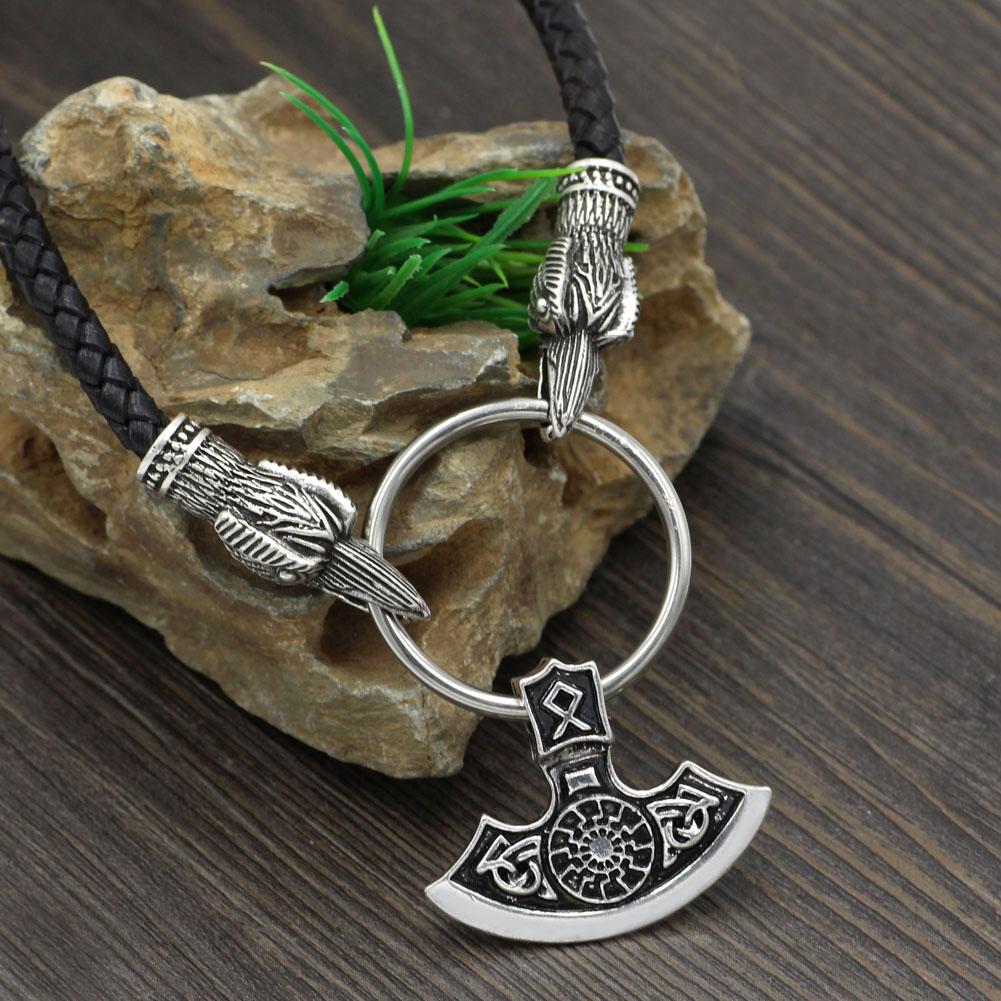Raven Head Genuine Leather Necklace with Axe Pendant - VikingsBrand