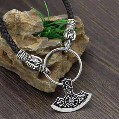 Raven Head Genuine Leather Necklace with Axe Pendant - VikingsBrand