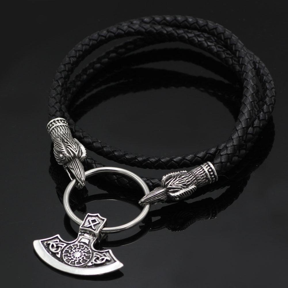 Raven Head Genuine Leather Necklace with Axe Pendant - VikingsBrand