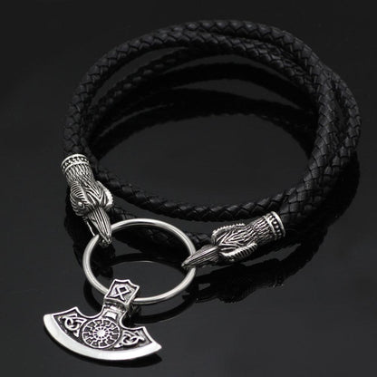 Raven Head Genuine Leather Necklace with Axe Pendant - VikingsBrand