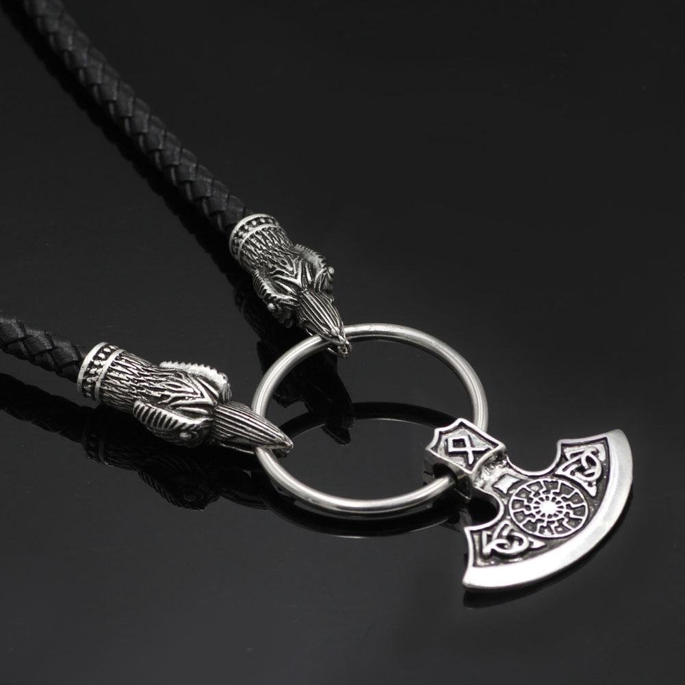 Raven Head Genuine Leather Necklace with Axe Pendant - VikingsBrand