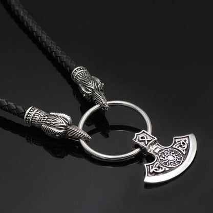 Raven Head Genuine Leather Necklace with Axe Pendant - VikingsBrand