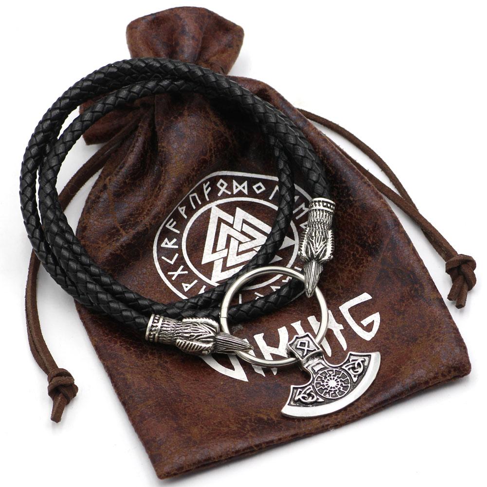 Raven Head Genuine Leather Necklace with Axe Pendant - VikingsBrand