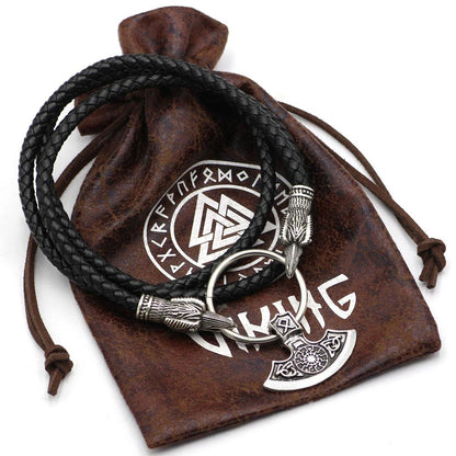 Raven Head Genuine Leather Necklace with Axe Pendant - VikingsBrand