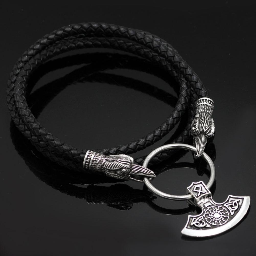 Raven Head Genuine Leather Necklace with Axe Pendant - VikingsBrand