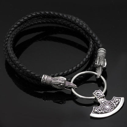 Raven Head Genuine Leather Necklace with Axe Pendant - VikingsBrand