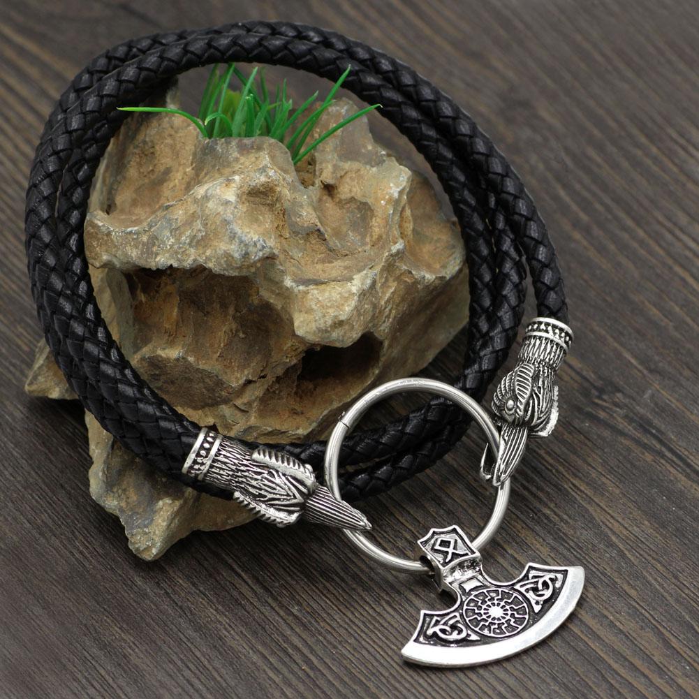 Raven Head Genuine Leather Necklace with Axe Pendant - VikingsBrand