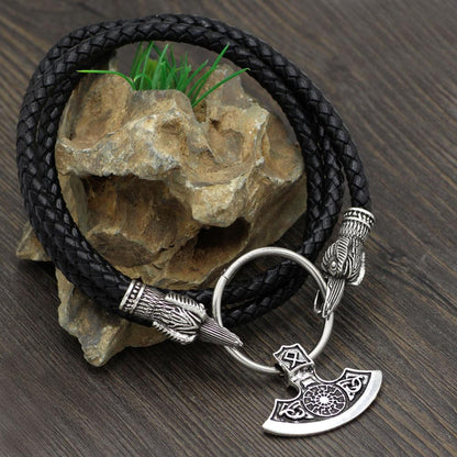 Raven Head Genuine Leather Necklace with Axe Pendant - VikingsBrand