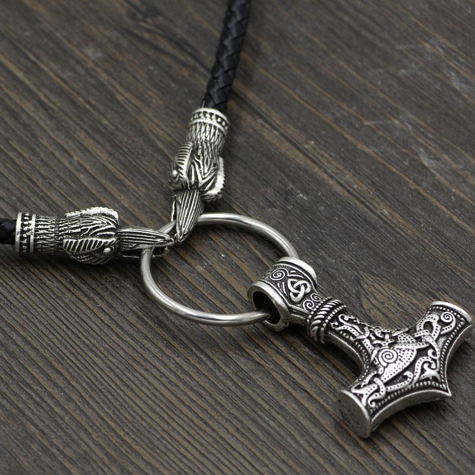Raven Head Genuine Leather Necklace with Thor's Hammer Pendant - VikingsBrand