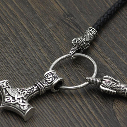 Raven Head Genuine Leather Necklace with Thor's Hammer Pendant - VikingsBrand