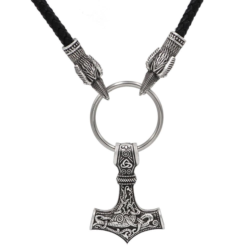 Raven Head Genuine Leather Necklace with Thor's Hammer Pendant - VikingsBrand