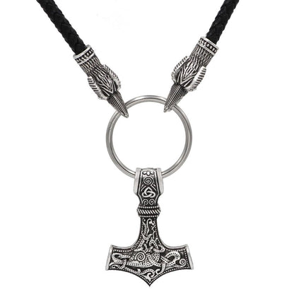 Raven Head Genuine Leather Necklace with Thor's Hammer Pendant - VikingsBrand