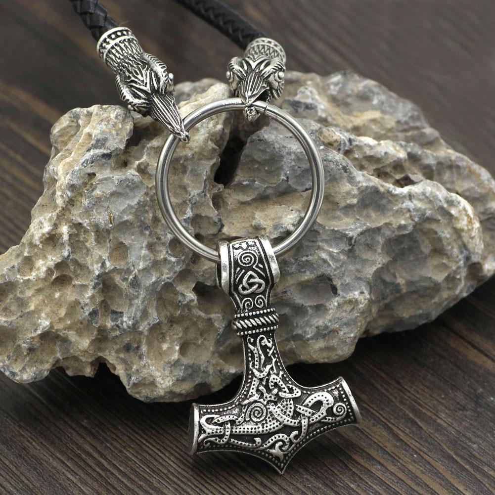 Raven Head Genuine Leather Necklace with Thor's Hammer Pendant - VikingsBrand