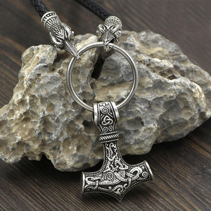 Raven Head Genuine Leather Necklace with Thor's Hammer Pendant - VikingsBrand
