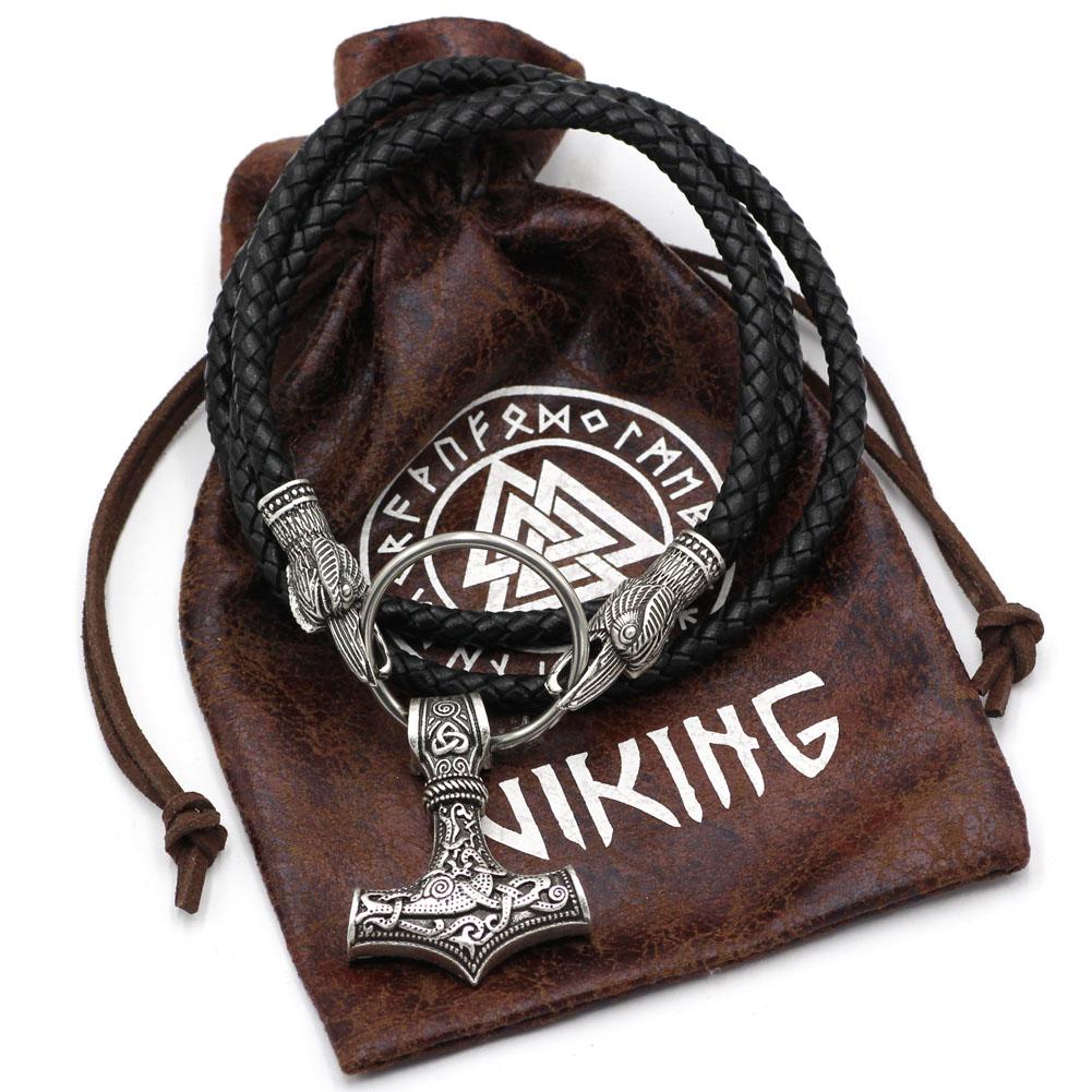 Raven Head Genuine Leather Necklace with Thor's Hammer Pendant - VikingsBrand
