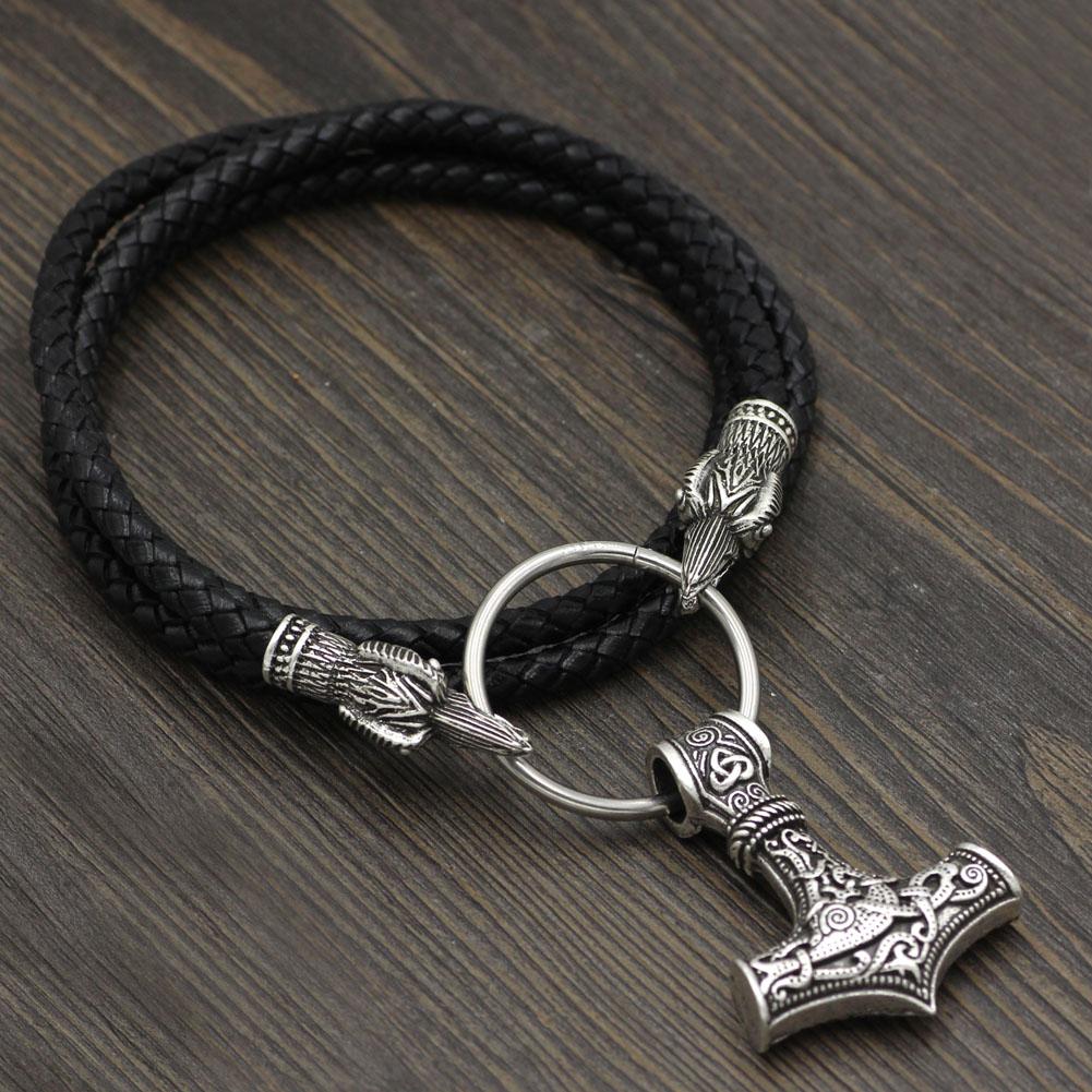 Raven Head Genuine Leather Necklace with Thor's Hammer Pendant - VikingsBrand