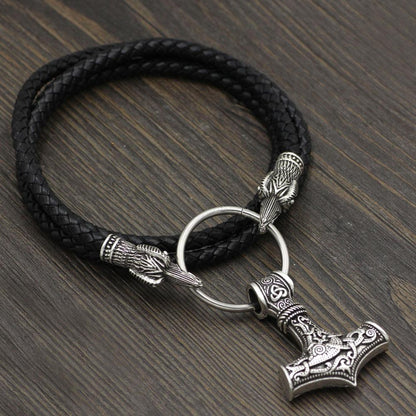 Raven Head Genuine Leather Necklace with Thor's Hammer Pendant - VikingsBrand