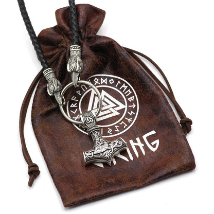 Raven Head Genuine Leather Necklace with Thor's Hammer Pendant - VikingsBrand